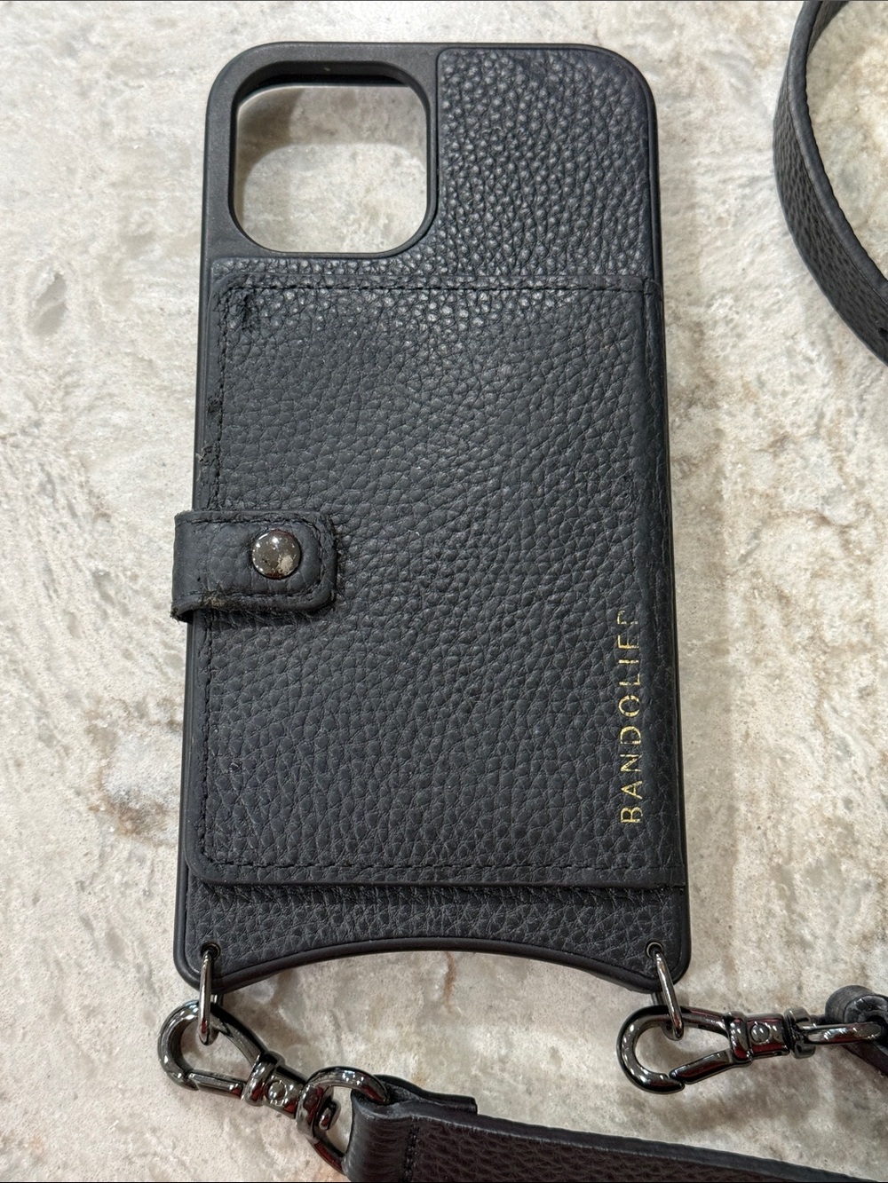 Bandolier Black Leather Crossbody Phone Case with Strap - Picture 2 of 11
